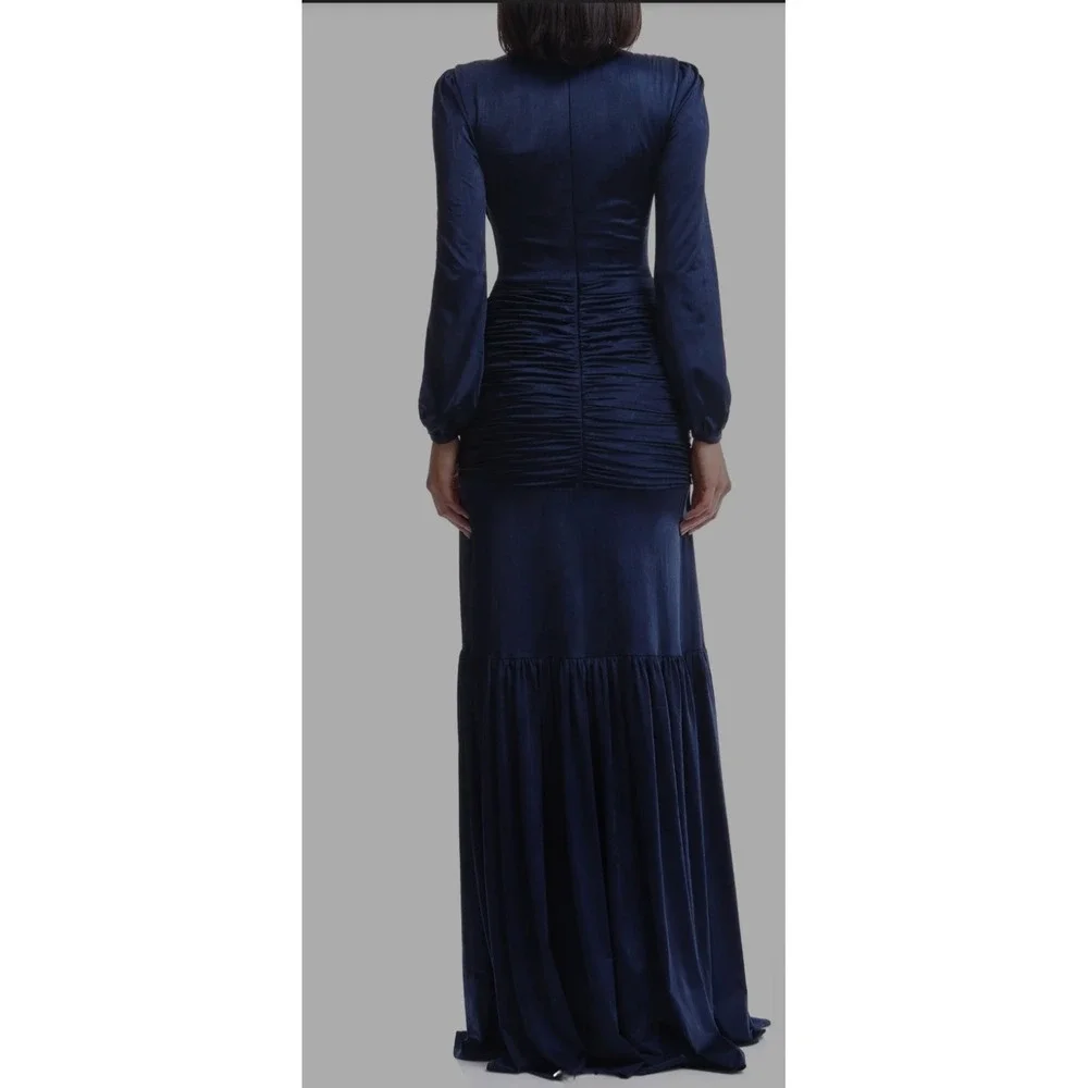 Dress The Population Blue Satin Maxi Dress Ruched Long Sleeve Formal Gown XL NEW - Picture 2 of 11